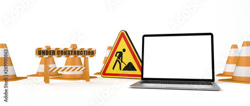Under Construction Banner With Traffic Cones Notebook And Road