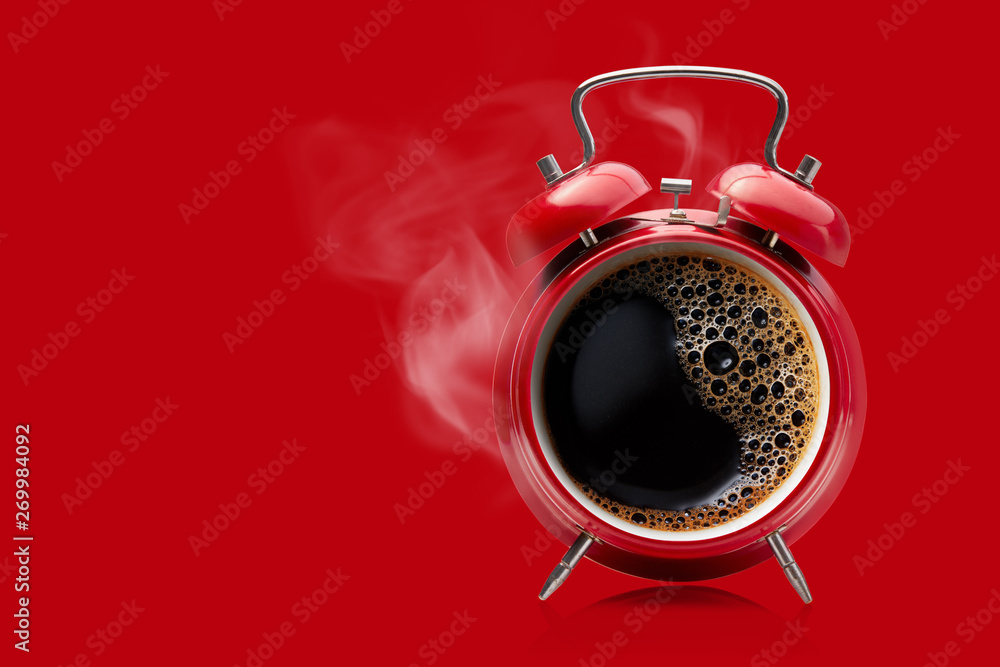 Red alarm clock with hot black coffee. - obrazy, fototapety, plakaty 