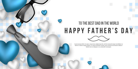 Fathers day greeting banner. 3d realistic tie, hearts, glasses and checkered pattern. Holiday background. Vector illustration.