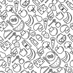 Organic food seamless pattern with thin line icons of fresh natural products, vegetarian groceries. Vector illustration for web site about healthy nutrition.