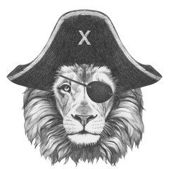 portrait of lion with pirate hat and eye patch. hand-drawn illustration.