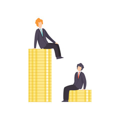 Sticker - Businessmen Standing on Stacks of Coins Representing Wages Level, Business Competition, Rivalry Between Colleagues, Office Workers Challenging Vector Illustration