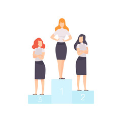 Sticker - Successful Businesswomen Standing on Pedestal, Business Competition among Female Office Workers, Rivalry Between Colleagues Vector Illustration