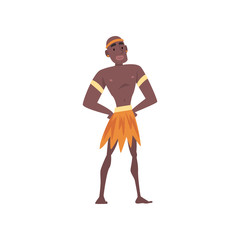 Poster - Native Black Skinned Man in Traditional Clothes, African or Australian Aborigine Cartoon Character Vector Illustration