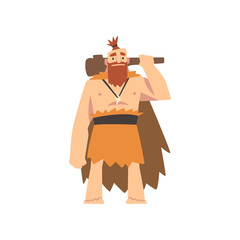 Poster - Prehistoric Muscular Bearded Man Wearing Animal Pelt, Primitive Stone Age Caveman Cartoon Character with Club Vector Illustration