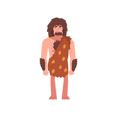 Sticker - Prehistoric Bearded Man Wearing Animal Pelt, Primitive Stone Age Caveman Cartoon Character Vector Illustration