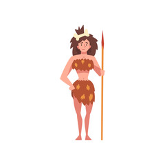 Sticker - Prehistoric Girl Standing with Spear, Primitive Stone Age Cavewoman Cartoon Character Vector Illustration