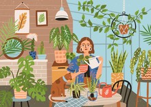 Crazy Plant Lady At Greenhouse Or Home Garden. Cute Funny Young Woman With Watering Can Taking Care Of Houseplants Growing In Pots Or Planters. Modern Vector Illustration In Flat Cartoon Style.