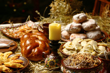 Bowl With Kutia - Traditional Christmas Sweet Mealon Wooden Table, Christmas Family Dinner Table Concep