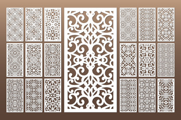 Laser cut cabinet fretwork perforated panel in arabic style. Ornamental panels template set for cutting exterior, rate 1;2. Metal, paper or wood carving. Outdoor screen.