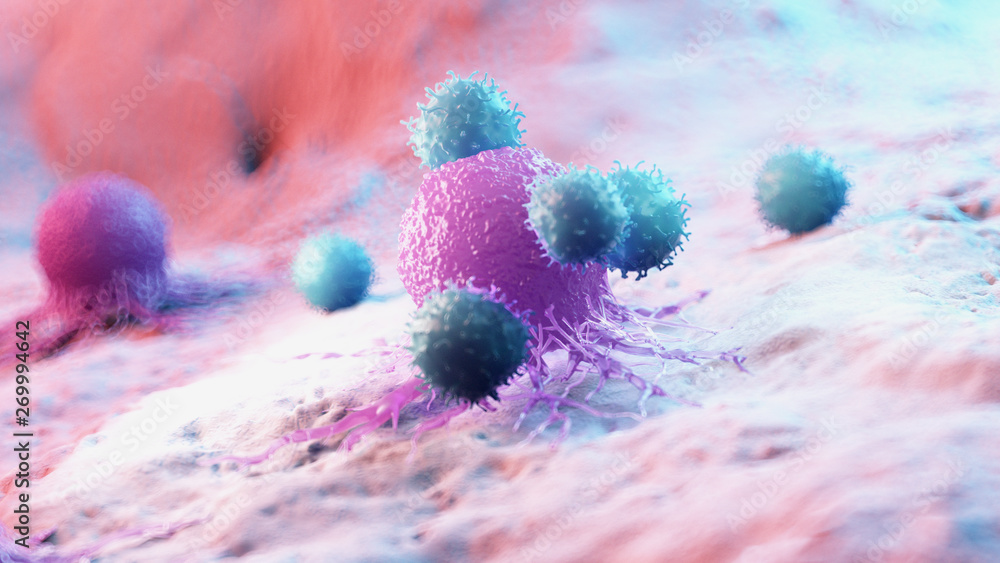 3d rendered medically accurate illustration of leukocytes attacking a cancer cell - obrazy, fototapety, plakaty 