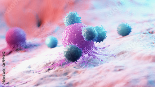 3d rendered medically accurate illustration of leukocytes attacking a cancer cell © SciePro