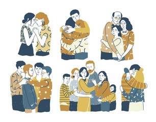 Collection of adorable smiling people standing together and hugging, cuddling and embracing each other. Acceptance, love, support among friends or family members. Flat cartoon vector illustration.