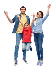 Canvas Print - family, motion and people concept - happy smiling mother, father and little daughter jumping over white background