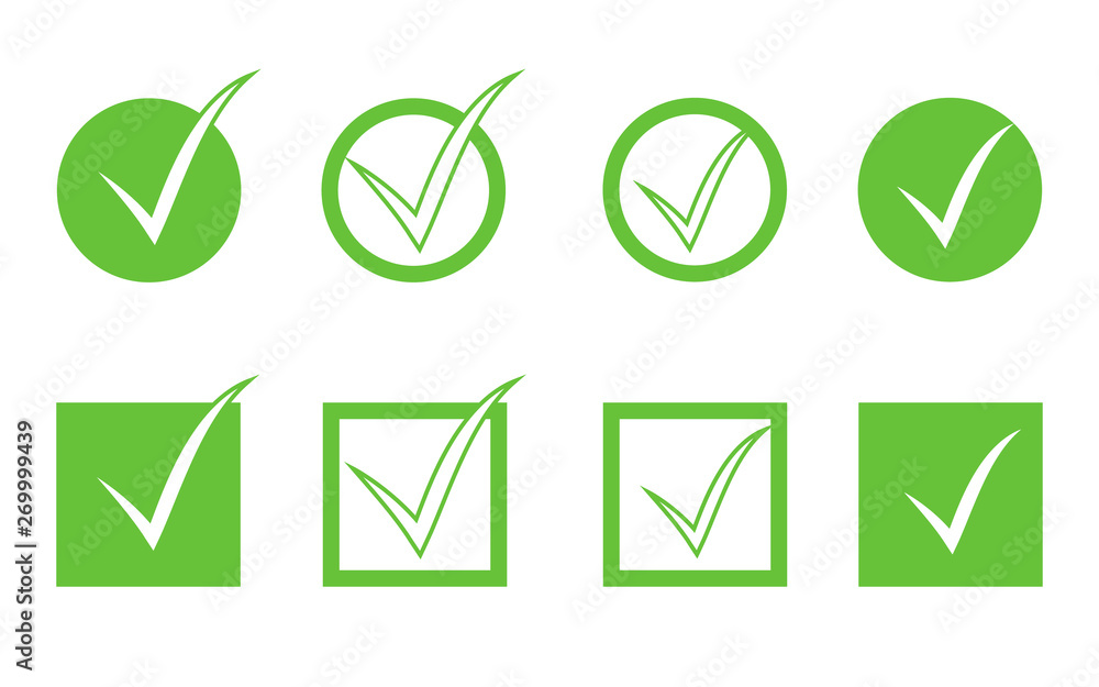 Green check mark icon set isolated on white background. Flat tick icons ...