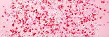 Sugar Hearts On Pink Background. Romantic, St Valentines Day Concept. Top View.