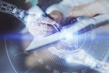 Fototapete - Double exposure of woman's hands on background with technology and digital coding icons. Data development concept. Close up.
