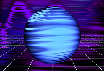Fototapete - Abstract Ultra Violet Waves Holographic background. Blurred dynamic composition of perspective grid lines and light-spots with sphere. Synthwave. Vaporwave style. Retrowave, retro futurism