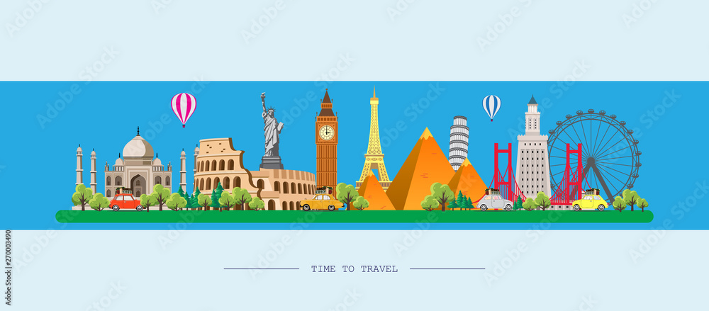 Travel to World. Road trip. Big set of famous landmarks of the world. Time to travel, tourism, summer holiday. Different types of journey. Flat design vector illustration - obrazy, fototapety, plakaty 