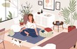 © Good Studio - Smiling girl sitting cross-legged in her room or apartment, practicing yoga and enjoying meditation. Young woman with crossed legs and closed eyes meditating at home. Flat cartoon vector illustration.