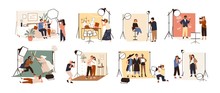 Collection Of Male And Female Photographers Working At Photographic Studio And Photographing Various Models During Photo Session - Dog, Family, Couple, Celebrity. Flat Cartoon Vector Illustration.