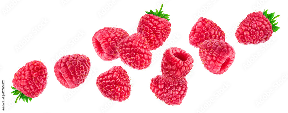Raspberry isolated on white background, falling raspberries, collection - obrazy, fototapety, plakaty 