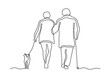 © missbobbit - Elderly couple walking with dog continuous line vector illustration