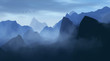 layered landscape with mountains and hills in fog, serene landscape in blue light at twilight