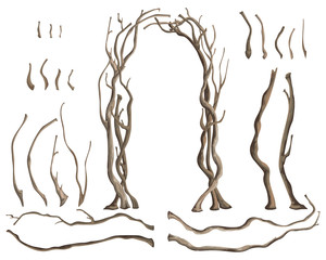 rustic arch with tree branches and isolated design elements on white background. vector illustration