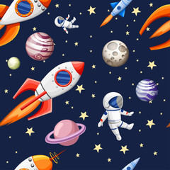 seamless pattern of space elements cartoon design space rockets planets stars and cosmonaut flat vec