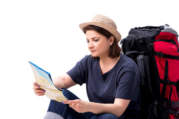 Poster - Aged female tourist isolated on white 