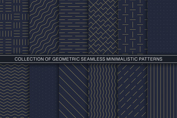 collection of vector geometric seamless minimalistic patterns - simple goldish textures. blue endles