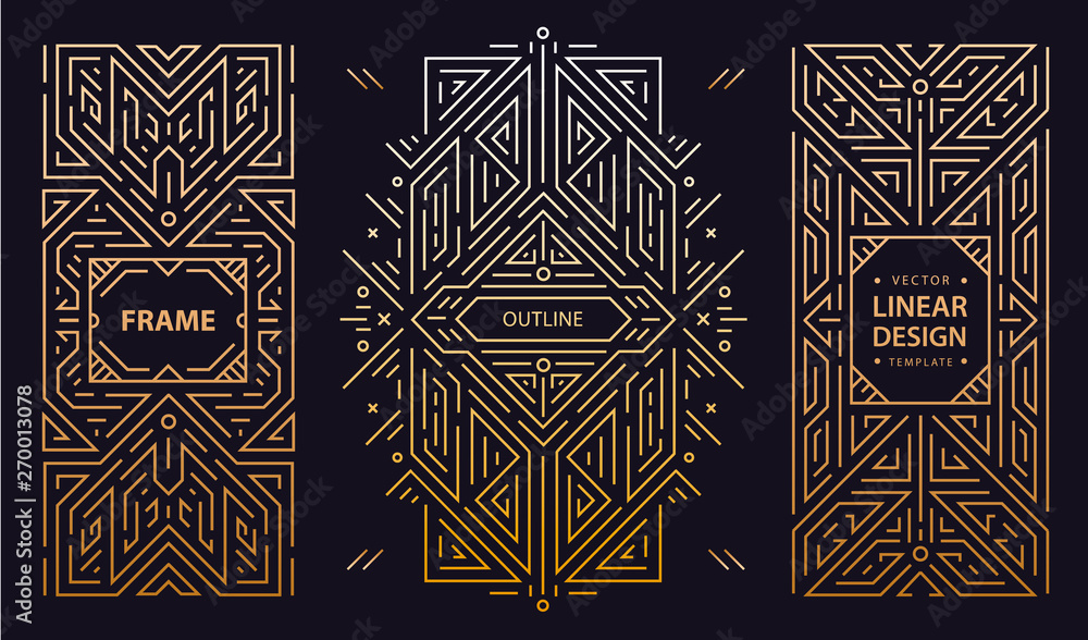 Vector set of art deco frames, adges, abstract geometric design templates for luxury products. Linear ornament compositions, vintage. Use for packaging, branding, decoration - obrazy, fototapety, plakaty 