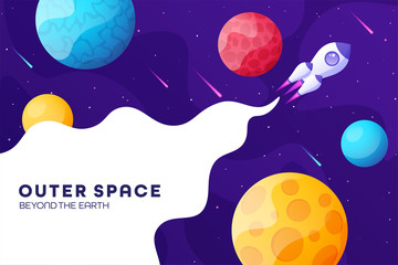 Wall Mural - space futuristic modern colorful background with rocket. starship, spaceship in night sky. solar sys