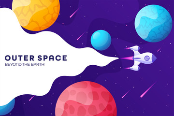 Wall Mural - space futuristic modern colorful background with rocket. starship, spaceship in night sky. solar sys