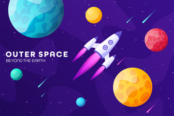 Wall Mural - space futuristic modern colorful background with rocket. starship, spaceship in night sky. solar sys