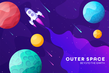Wall Mural - space futuristic modern colorful background with rocket. starship, spaceship in night sky. solar sys
