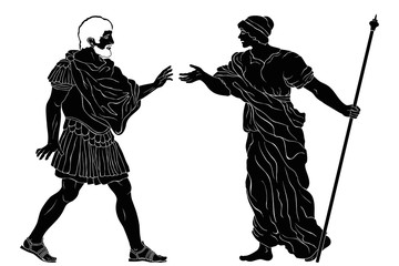 Wall Mural - An ancient Greek man in armor and a woman in a tunic talking emotionally.