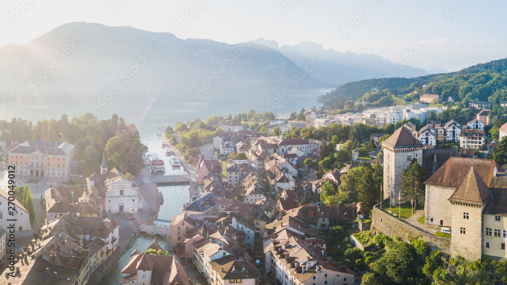 aerial cityscape of Annecy, panorama of old town historical houses and lake, France - obrazy, fototapety, plakaty 