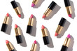 Set of color lipsticks on white background. Flat composition beauty, fashion. flat lay, top view