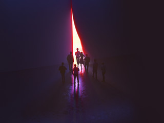 group of people at the door leading to the light