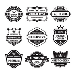 Wall Mural - Business badges vector set in retro design style. Abstract logo. Premium quality. Satisfaction guaranteed. Best brand. Genuine product. Concept labels in black & white colors. 