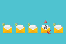 Email / Envelope With Black Document And Skull Icon. Virus, Malware, Email Fraud, E-mail Spam, Phishing Scam, Hacker Attack Concept. Vector Illustration