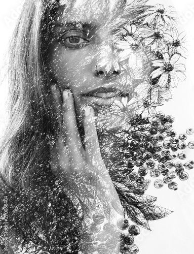 Paintography Double Exposure Portrait Of A Beautiful Young Woman Gently Touching Her Face Combined With Hand Drawn Painting With Floral Motifs Black And White Buy This Stock Photo And Explore Similar