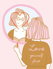 Girl In Front Of A Mirror Love Yourself First Illustration