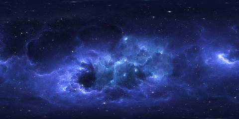 360 degree space background with nebula and stars, equirectangular projection, environment map. HDRI spherical panorama.