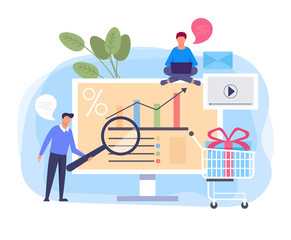 Wall Mural - digital business shopping marketing. vector flat cartoon graphic design banner poster illustration