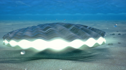 Wall Mural - Mother of pearls underwater. Closed sea shell underwater self-luminous from the inside. Oysters and pearls on the underwater sandy seabed. Sunlight beams and shine through water, 3D Illustration