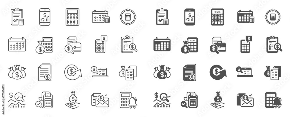 Accounting line icons. Set of Calculator, Check investment and Report icons. Calendar, Banking account and Finance accounting report document. Bill, Calculator and Wealth auditing. Quality sign set - obrazy, fototapety, plakaty 