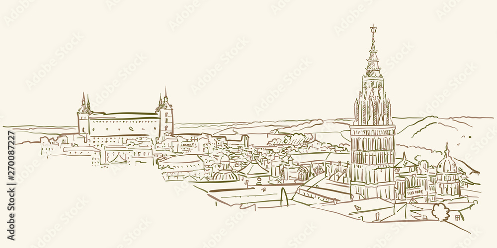 Landmark view drawing of Toledo, Spain - obrazy, fototapety, plakaty 